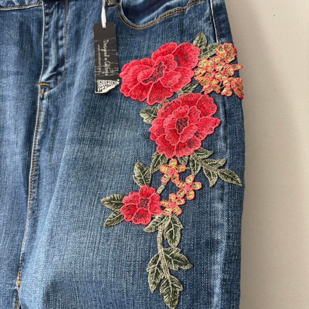 Embroidered Floral Denim Midi Skirt - Blue with Red Flowers - Picture 3 of 5